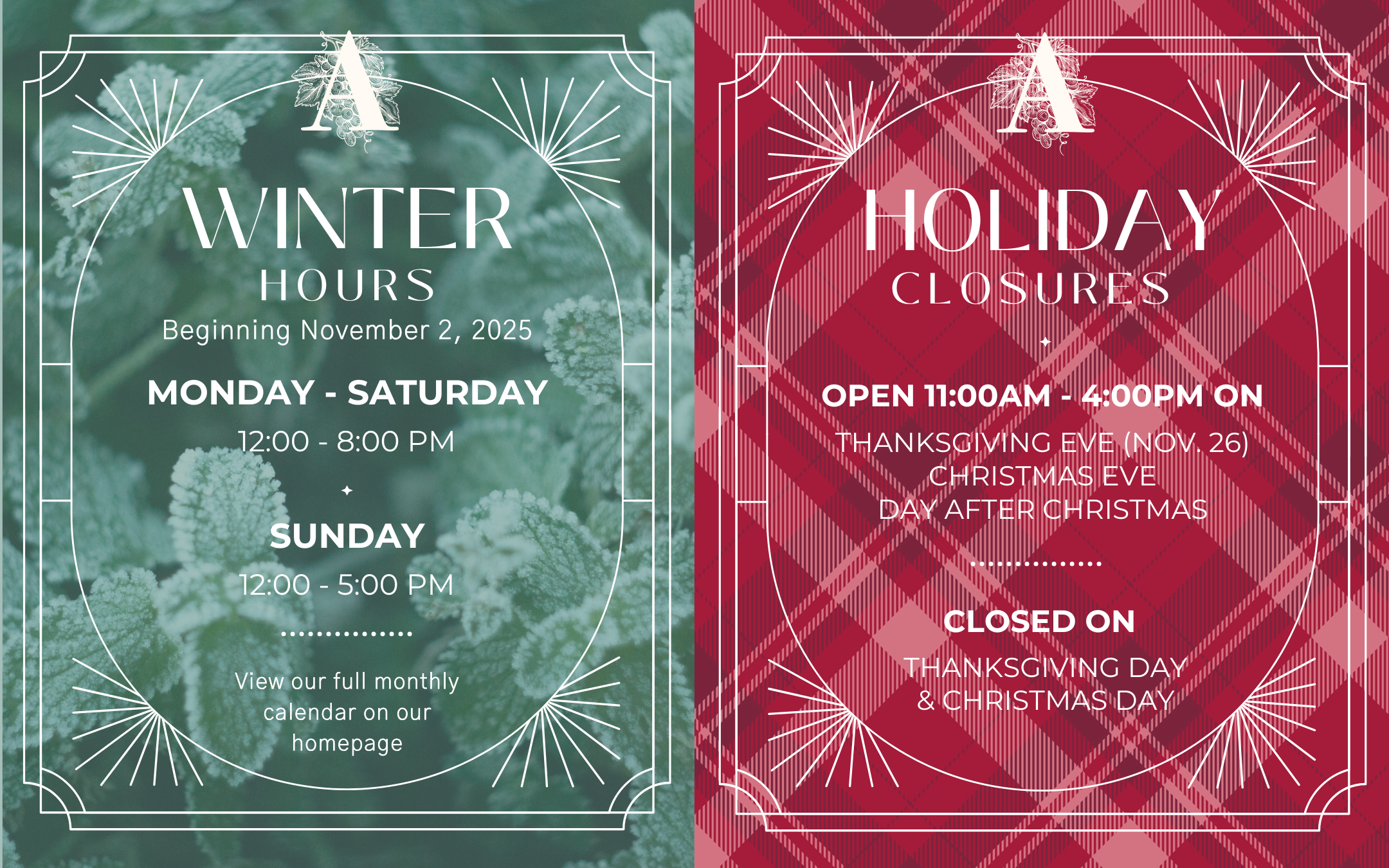 Winter Hours and Holiday Open & Closed Dates